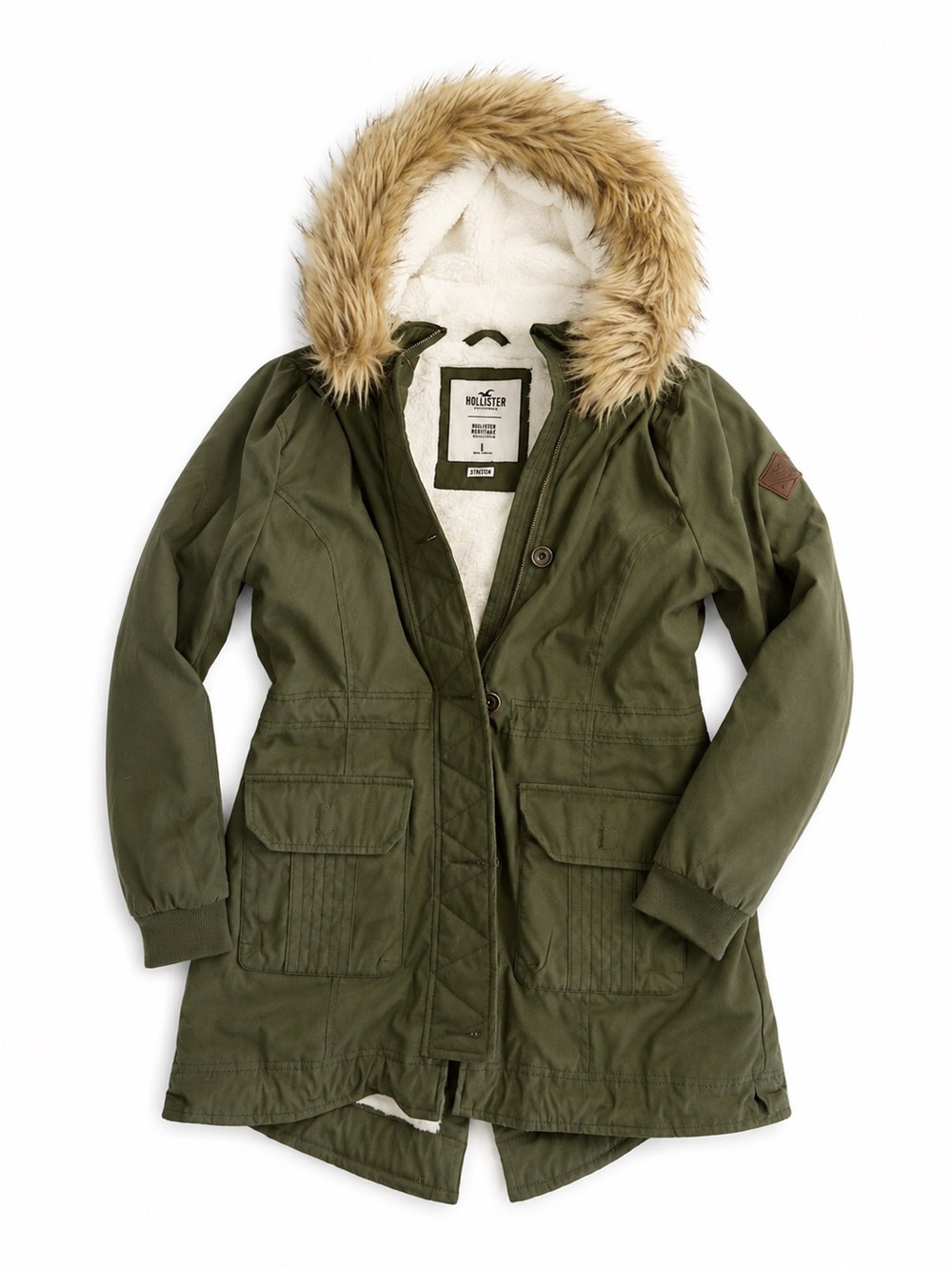 Hollister Olive Green Utility Parka Faux Fur Trim Hooded Winter Jacket